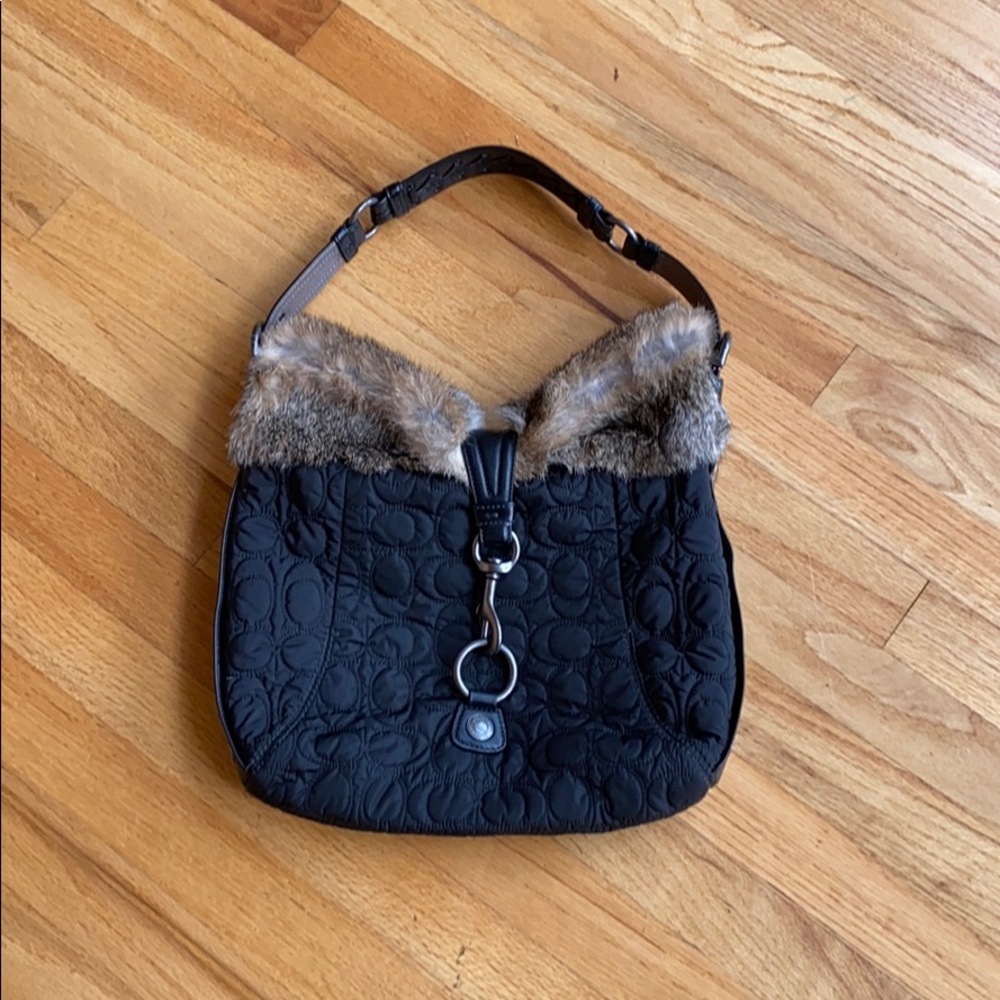 Coach Black Fur Trimmed Quilted Hobo Bag